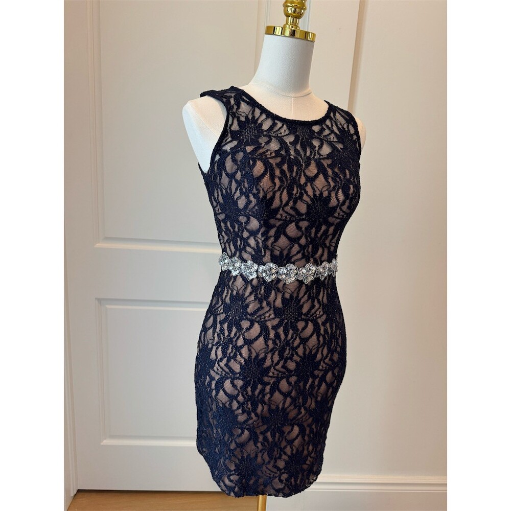 Deb Y2K Vintage Dress Juniors 5 Navy Homecoming Floral Lace Open Back Rhinestone
